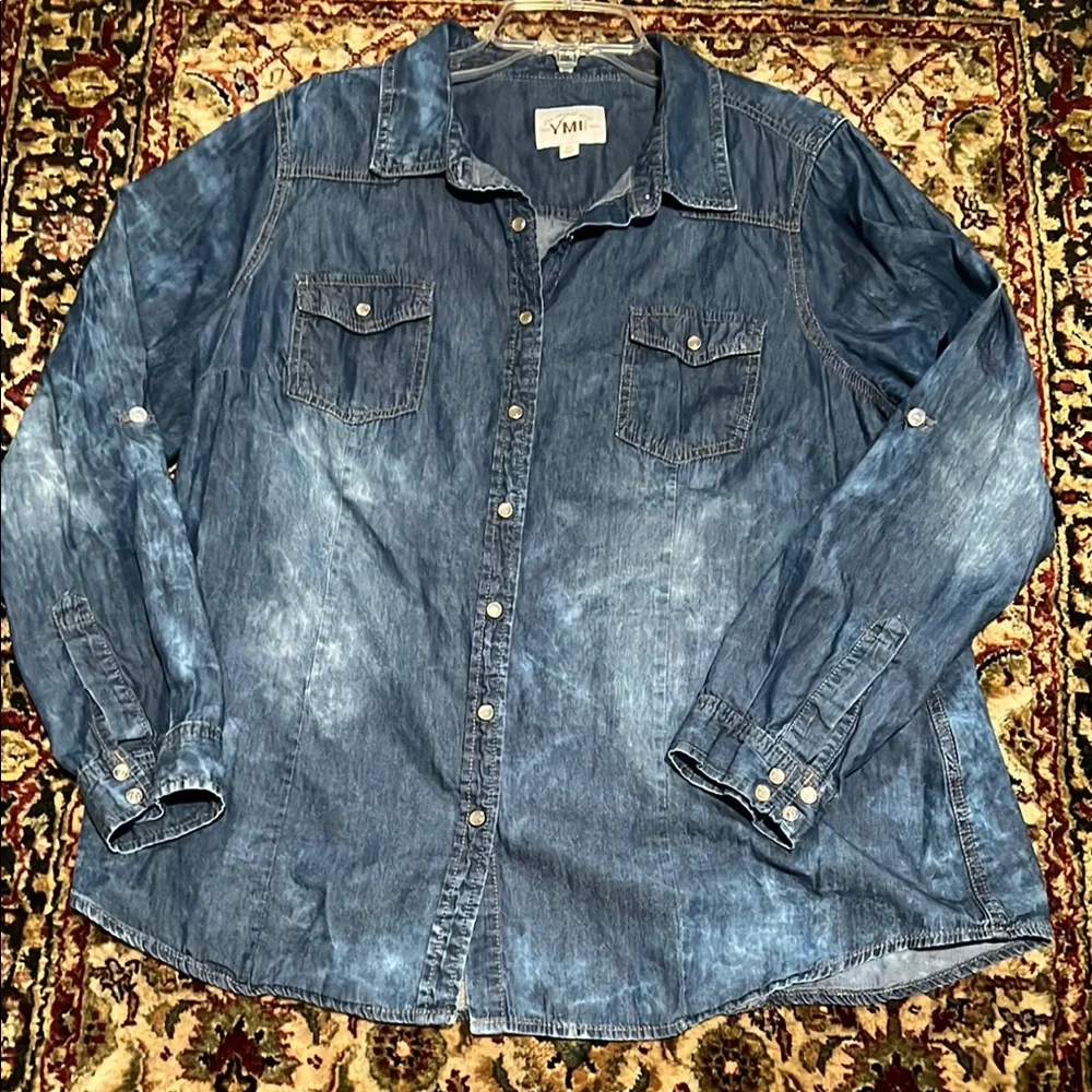 YMI Los Angeles Washed Blue Denim Shirt Size 2X Adjustable Sleeve Length - Picture 1 of 5